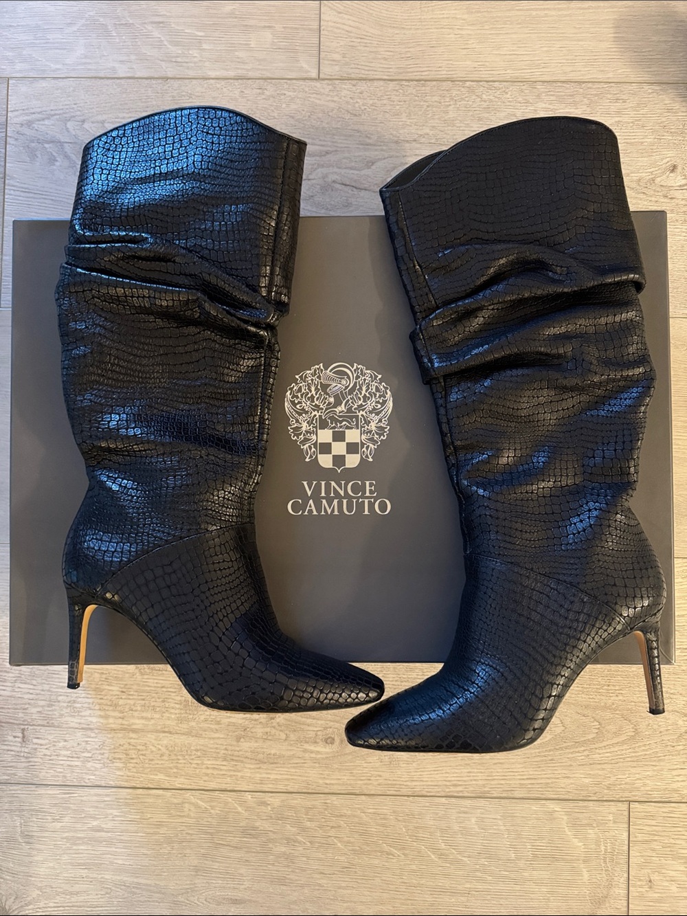 Vince Camuto Black Croc-Embossed Slouchy Pointed-Toe Knee Boots